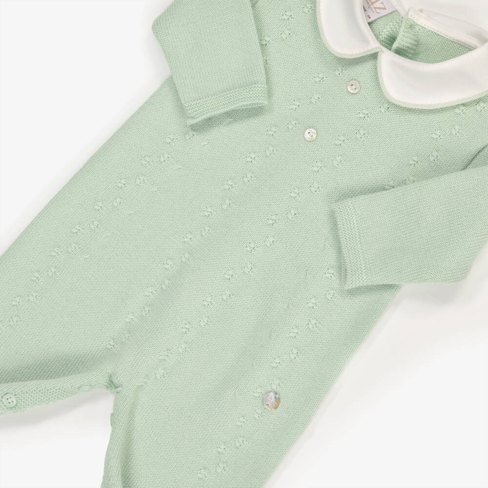 PAZ Rodríguez-Green Wool Knit Babygrow with White Cotton Collar | Childrensalon