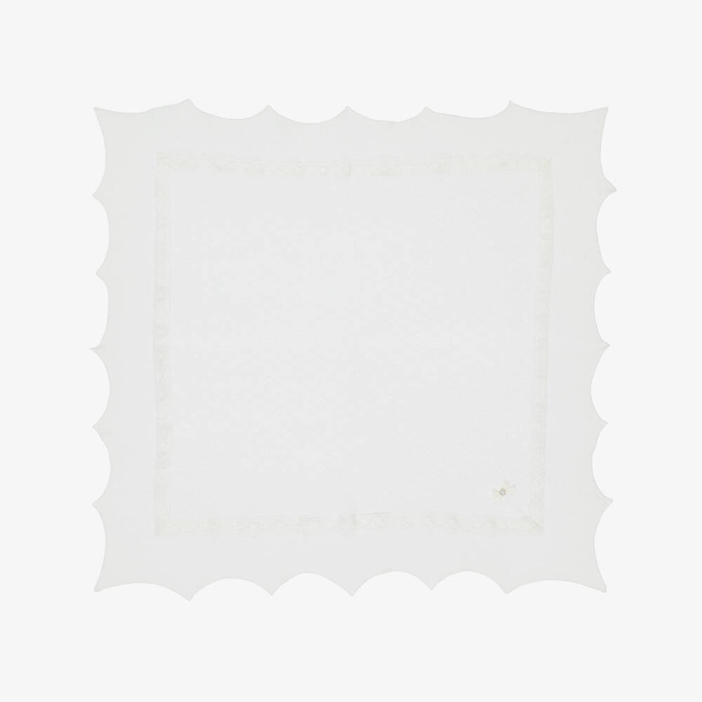 PAZ Rodríguez-Ivory Baby Shawl with Lace Trim (100cm) | Childrensalon