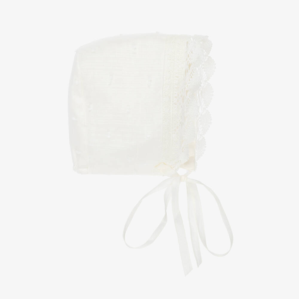 PAZ Rodríguez-Ivory Cotton Baby Bonnet with Lace Trim | Childrensalon