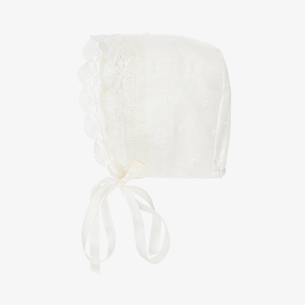 PAZ Rodríguez-Ivory Cotton Baby Bonnet with Lace Trim | Childrensalon