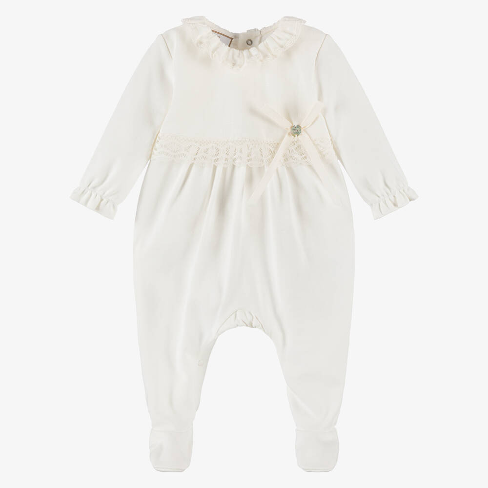 PAZ Rodríguez-Ivory Cotton Jersey Babygrow with Ruffle Collar | Childrensalon