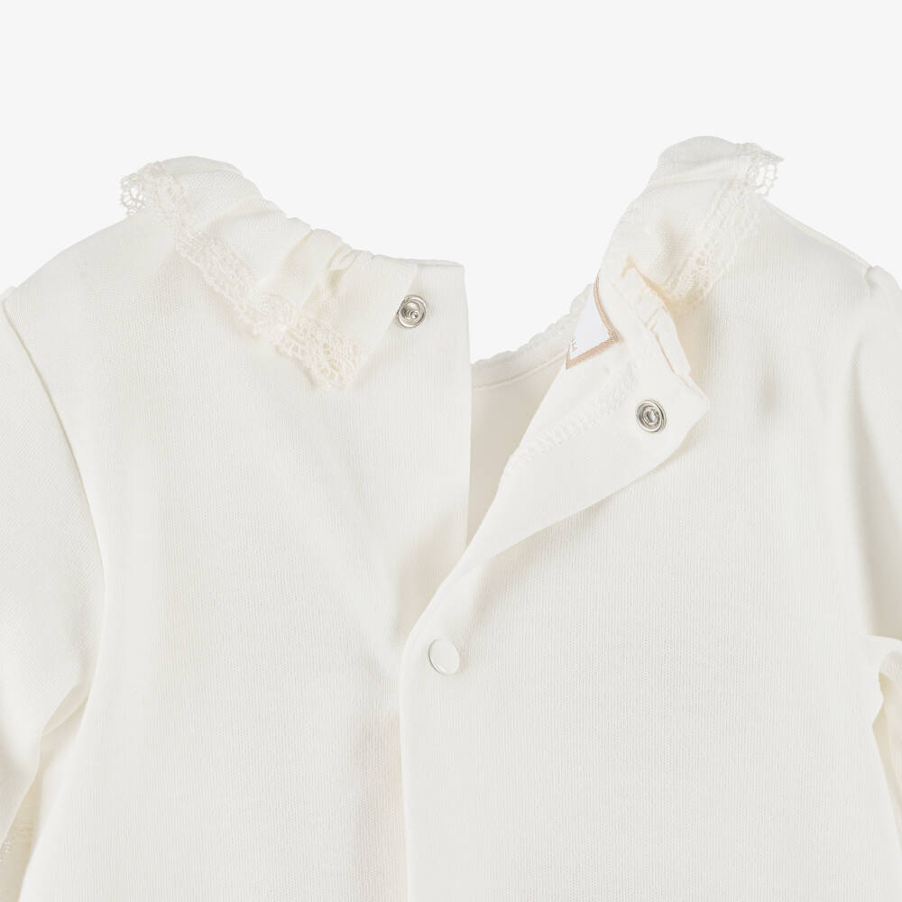 PAZ Rodríguez-Ivory Cotton Jersey Babygrow with Ruffle Collar | Childrensalon