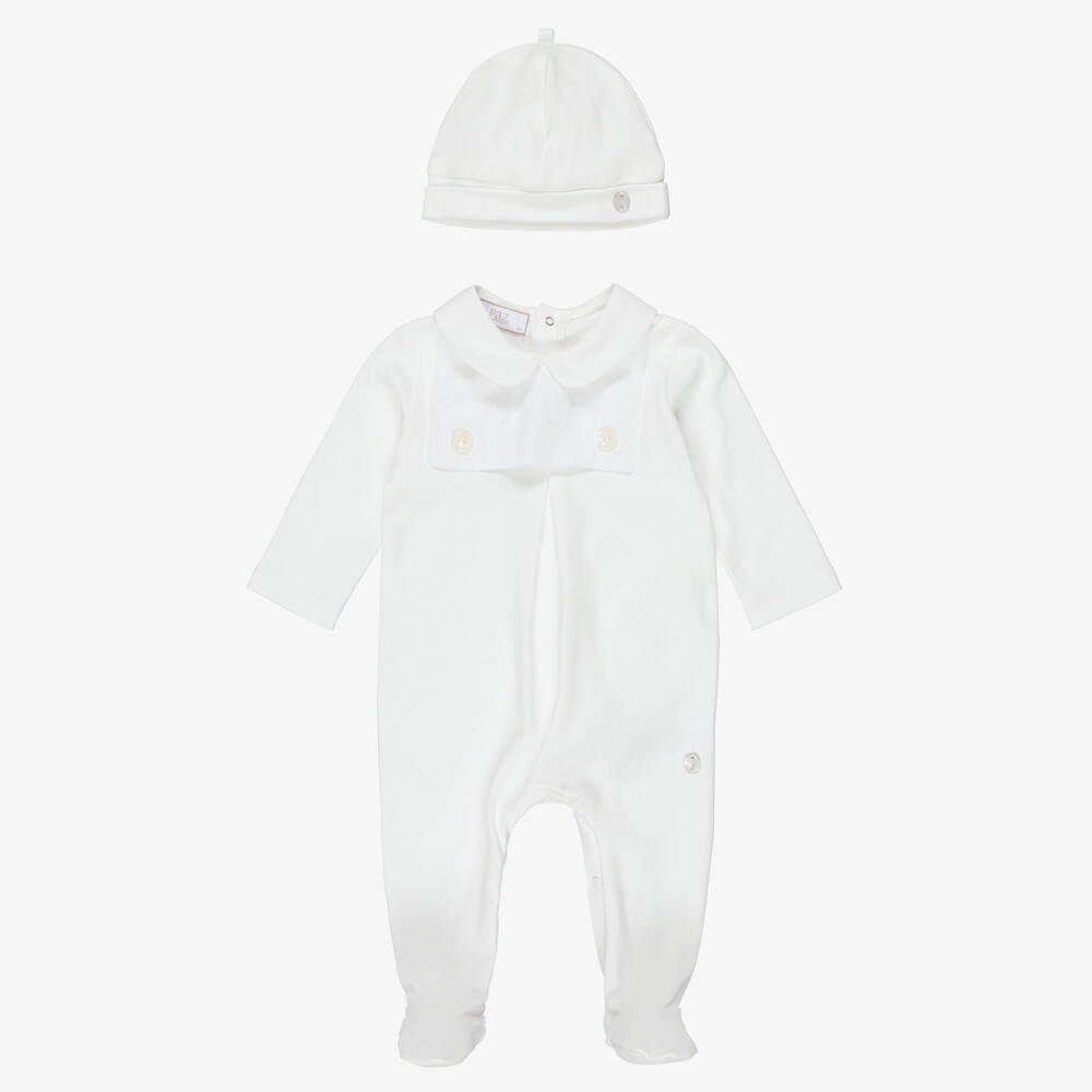PAZ Rodríguez-Ivory Cotton Jersey Babysuit & Hat Set with Blanket | Childrensalon