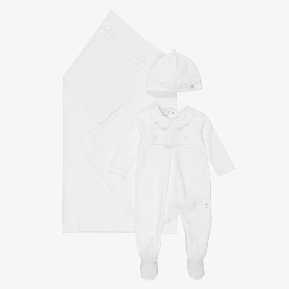 PAZ Rodríguez-Ivory Cotton Jersey Babysuit & Hat Set with Blanket | Childrensalon