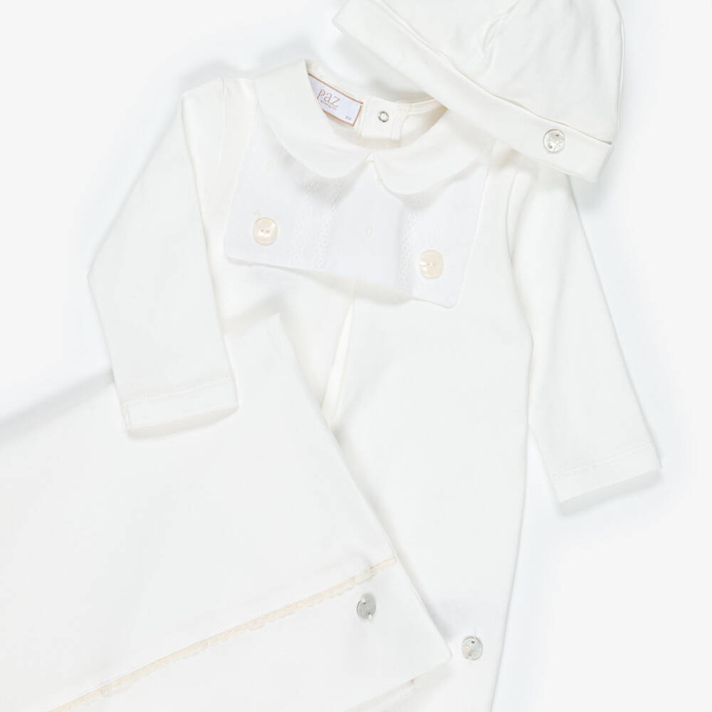 PAZ Rodríguez-Ivory Cotton Jersey Babysuit & Hat Set with Blanket | Childrensalon