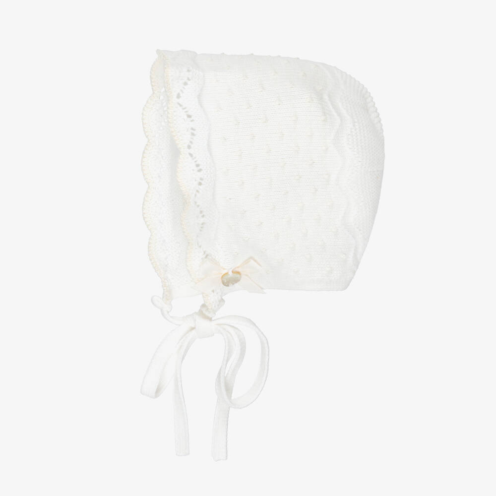 PAZ Rodríguez-Ivory Cotton Knit Baby Bonnet with Beige Dots | Childrensalon