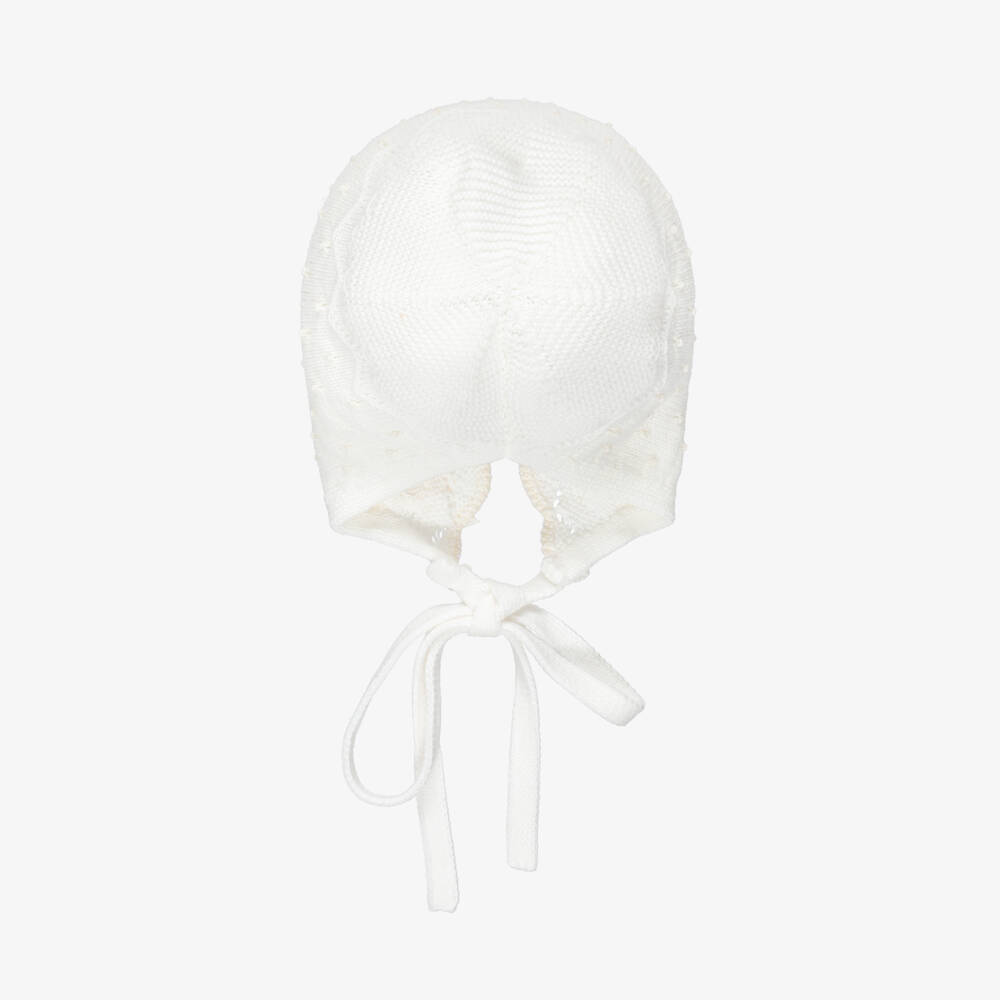 PAZ Rodríguez-Ivory Cotton Knit Baby Bonnet with Dot Pattern | Childrensalon