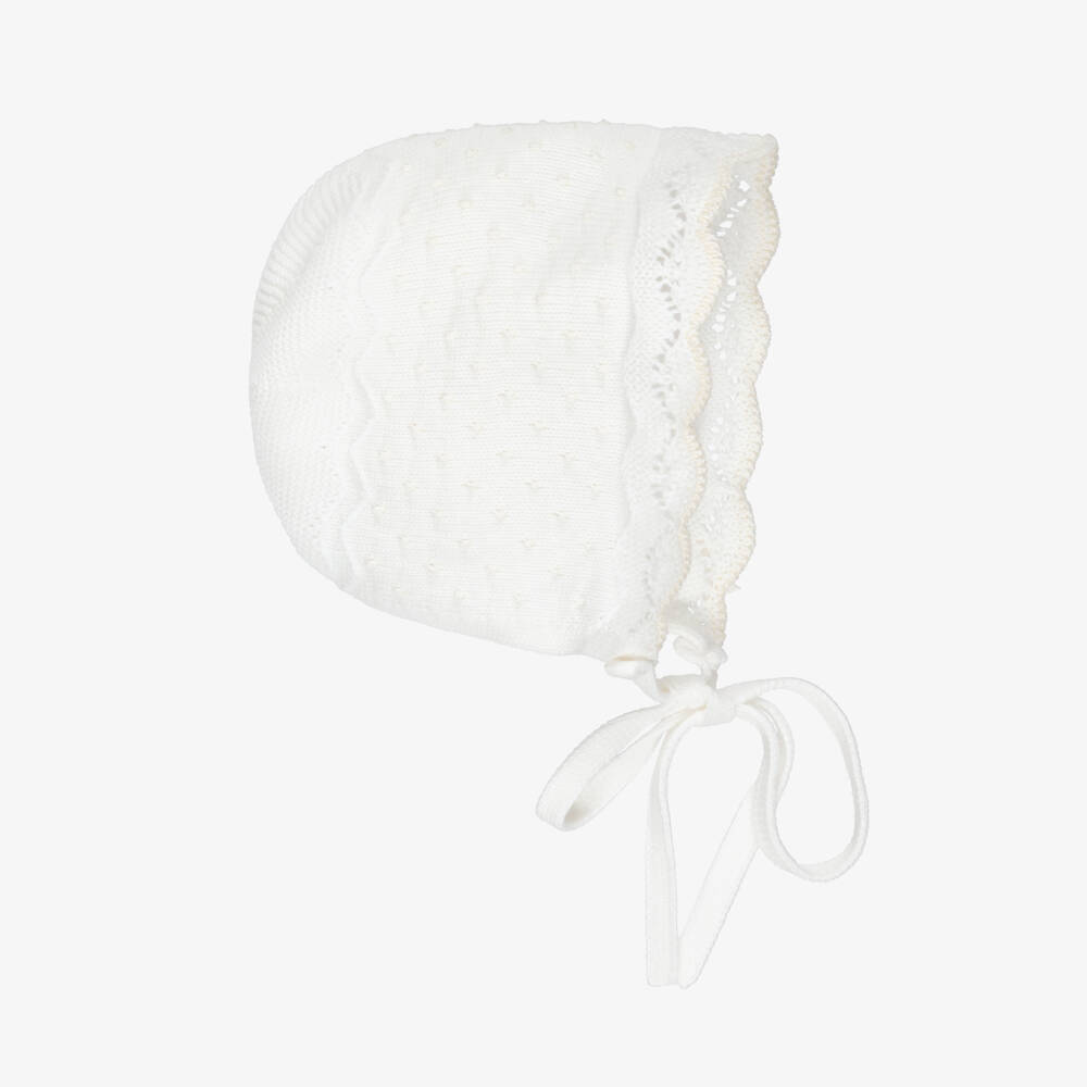 PAZ Rodríguez-Ivory Cotton Knit Baby Bonnet with Dot Pattern | Childrensalon