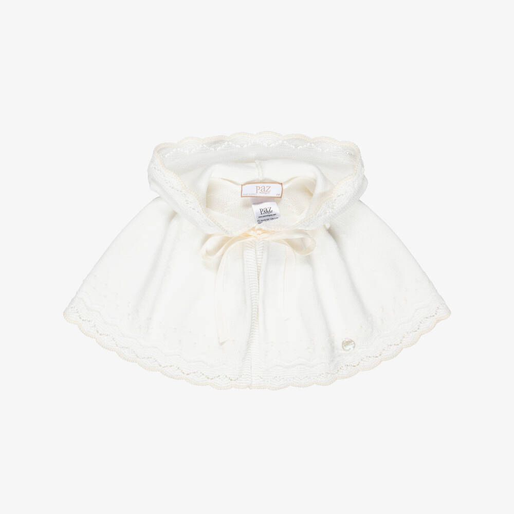 PAZ Rodríguez-Ivory Cotton Knit Baby Cape with Beige Dots | Childrensalon