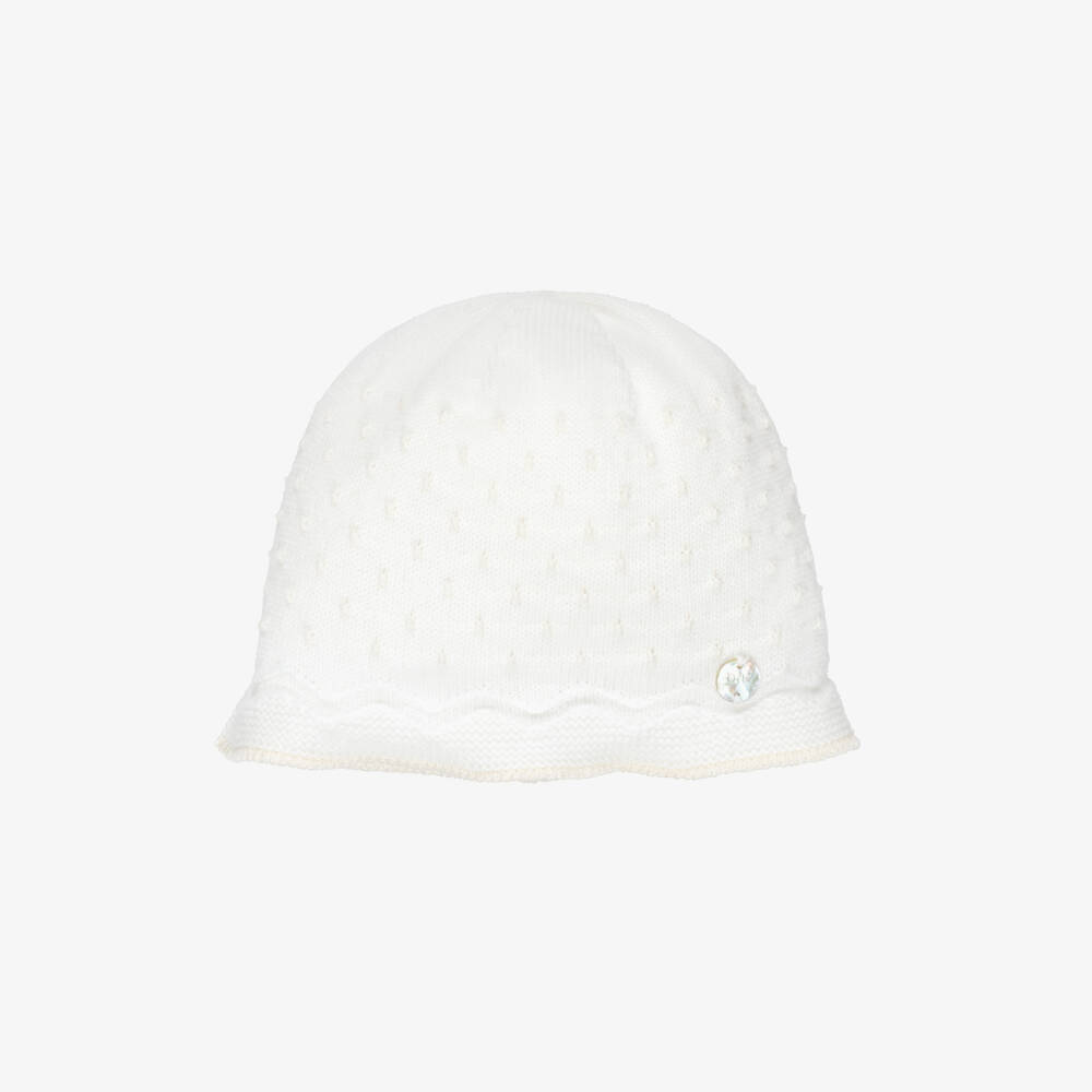PAZ Rodríguez-Ivory Cotton Knit Baby Hat with Knot Stitch Detail | Childrensalon