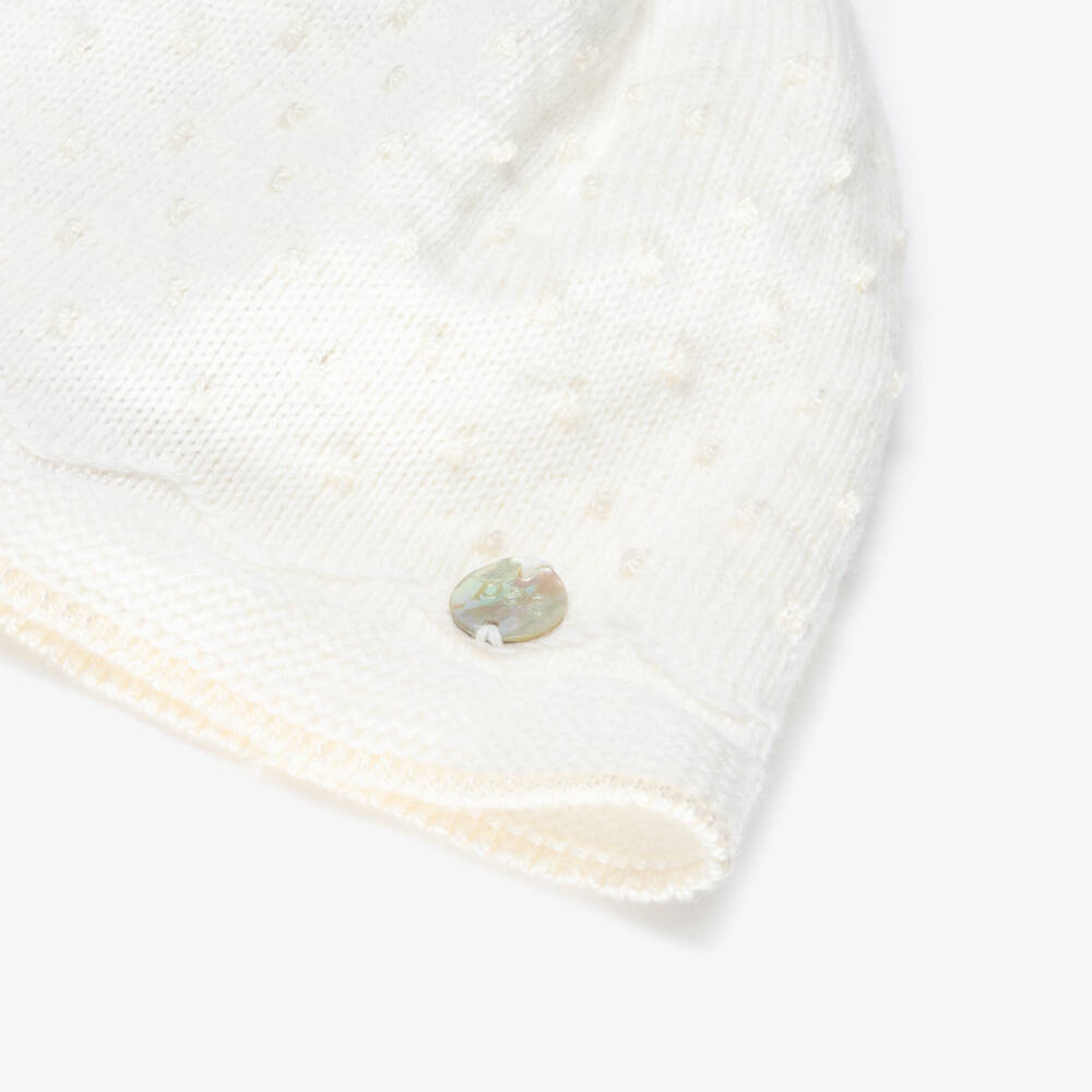 PAZ Rodríguez-Ivory Cotton Knit Baby Hat with Knot Stitch Detail | Childrensalon