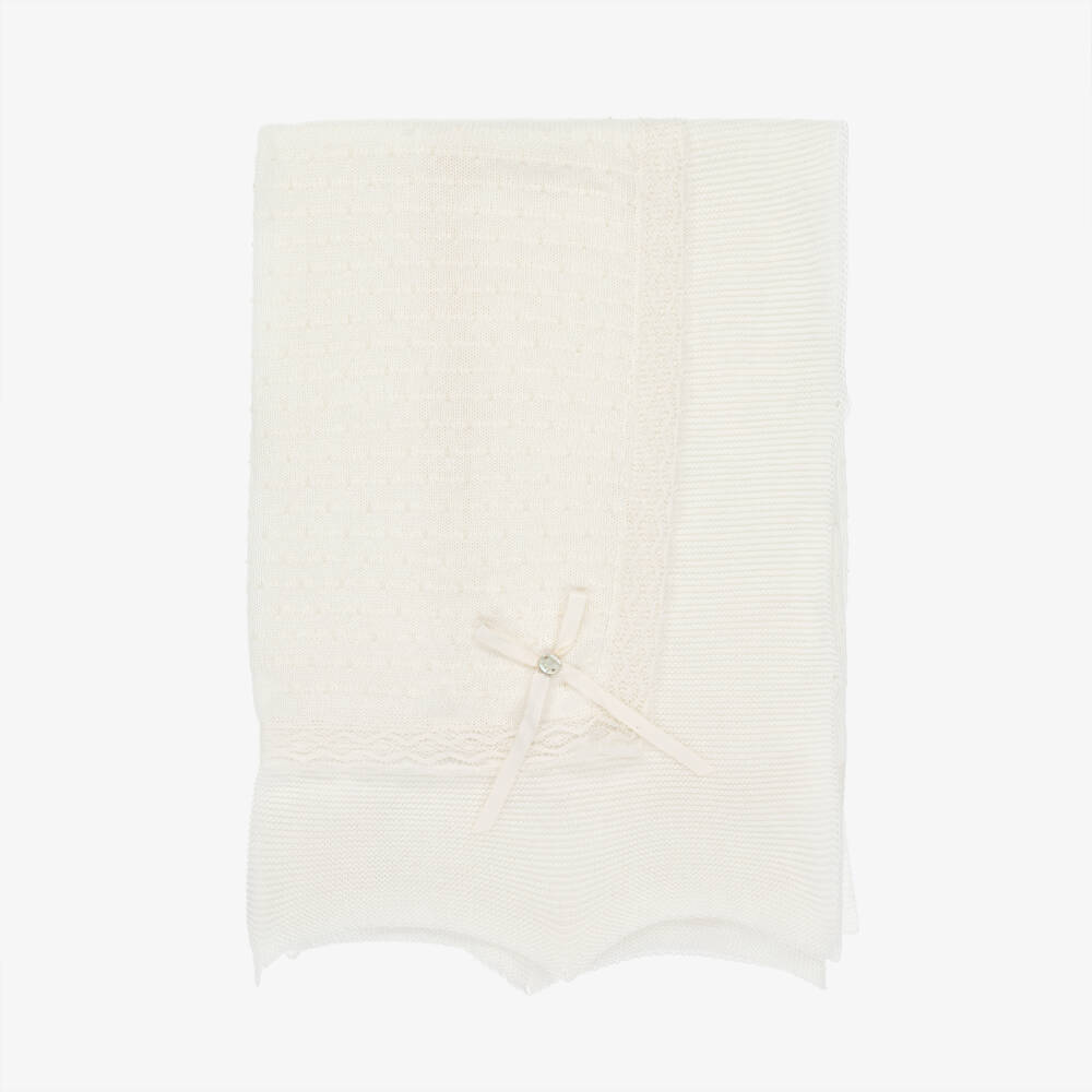 PAZ Rodríguez-Ivory Cotton Knit Baby Shawl (106cm) | Childrensalon