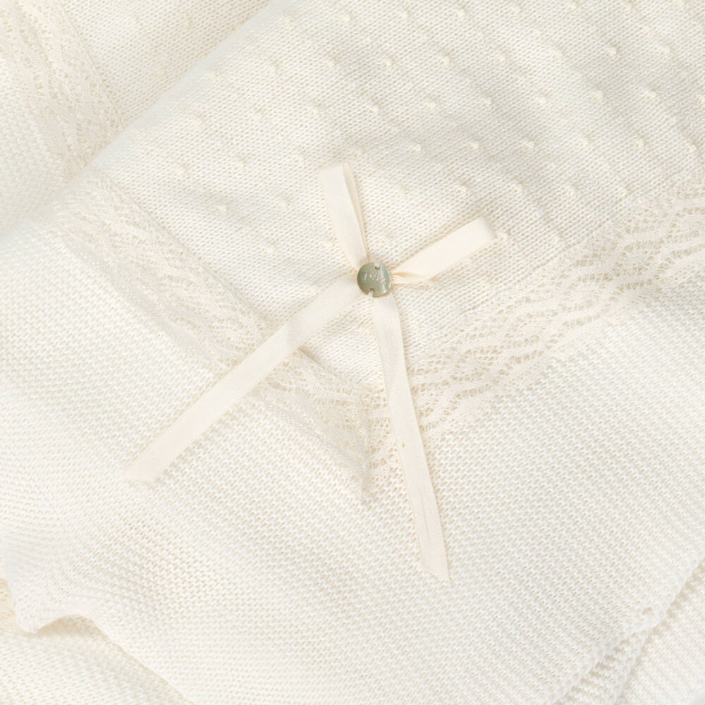 PAZ Rodríguez-Ivory Cotton Knit Baby Shawl with Knot Stitch Detail (106cm) | Childrensalon