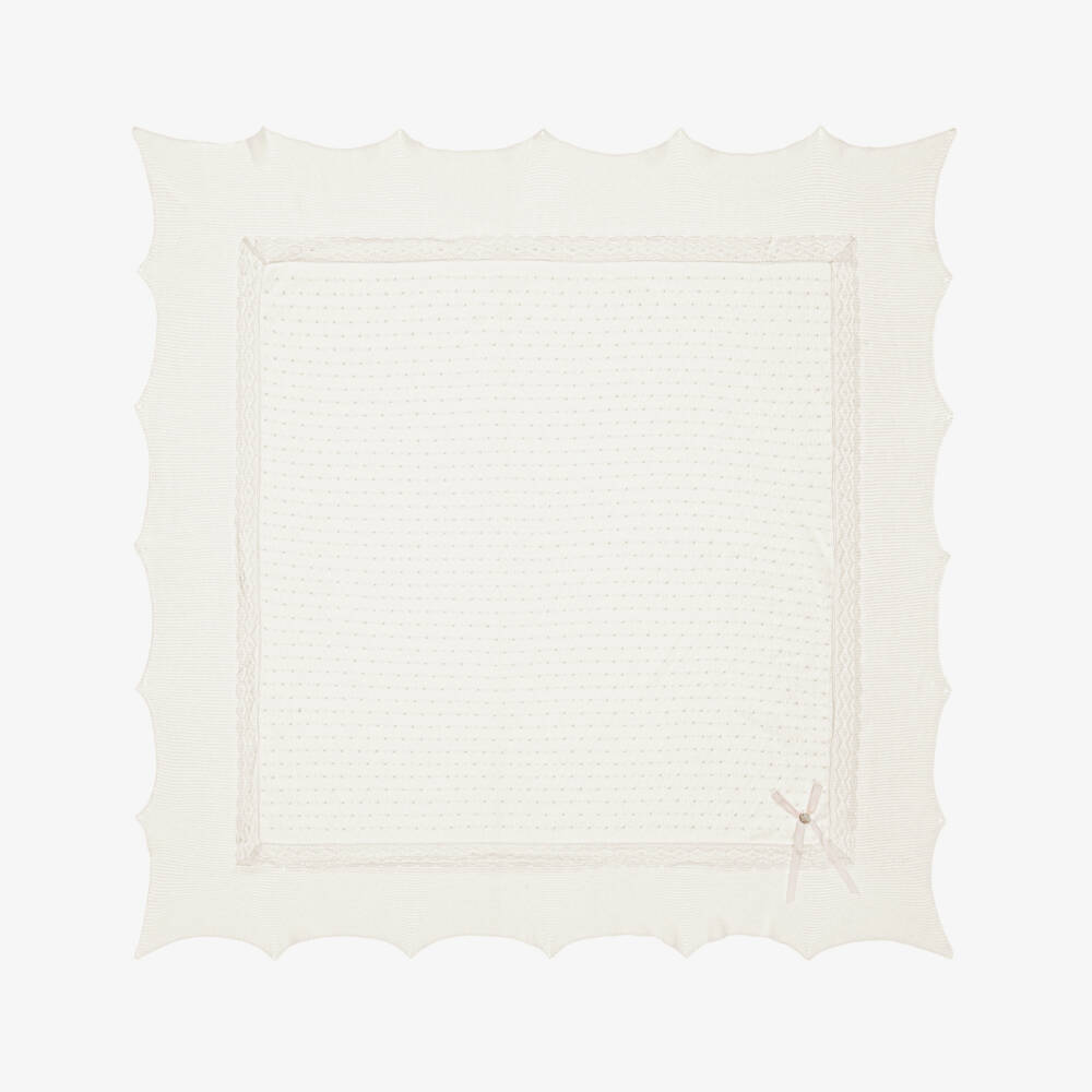 PAZ Rodríguez-Ivory Cotton Knit Baby Shawl with Knot Stitch Detail (106cm) | Childrensalon