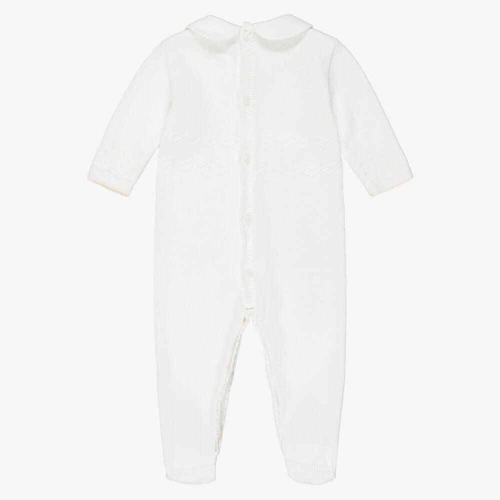 PAZ Rodríguez-Ivory Cotton Knit Babygrow with Knot Stitch Detail  | Childrensalon