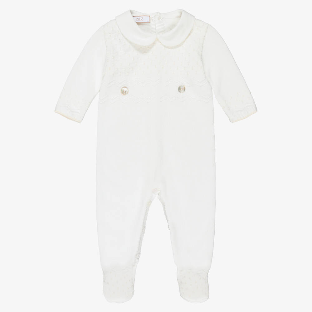 PAZ Rodríguez-Ivory Cotton Knit Babygrow with Knot Stitch Detail | Childrensalon