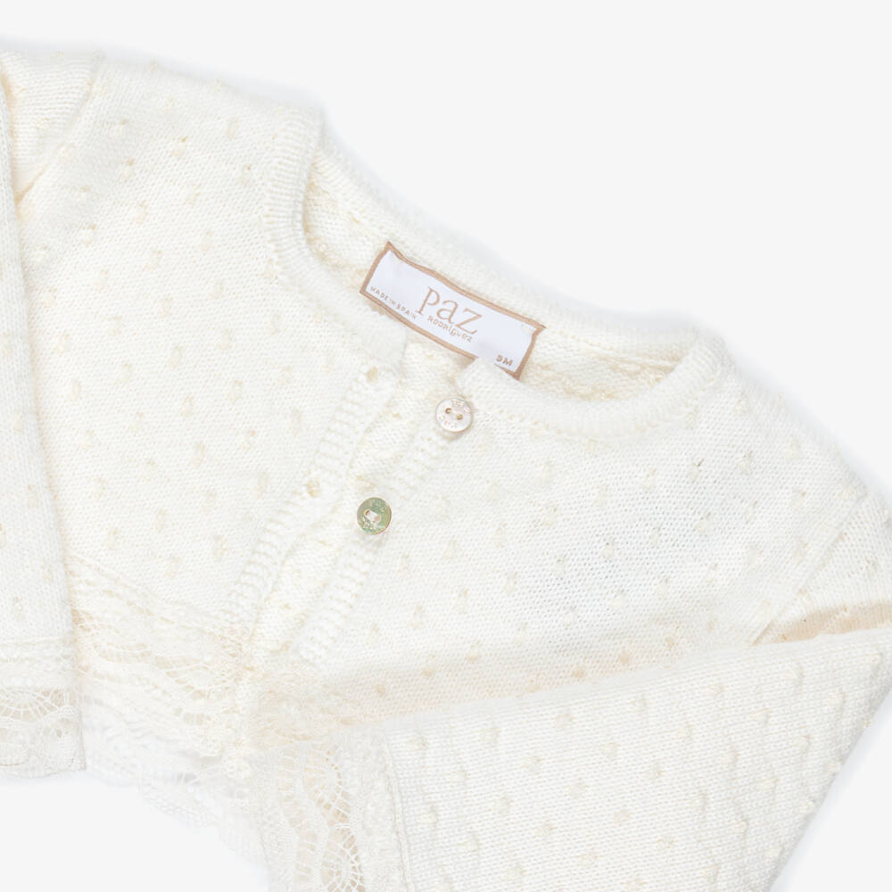 PAZ Rodríguez-Ivory Cotton Knit Cardigan with Beige Dots | Childrensalon