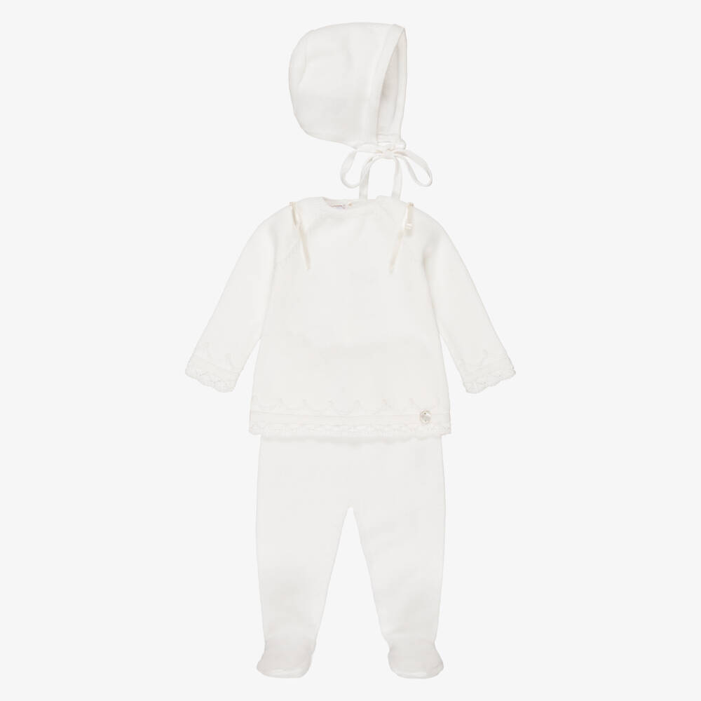 PAZ Rodríguez-Ivory Knitted Cotton Babysuit & Bonnet Set | Childrensalon