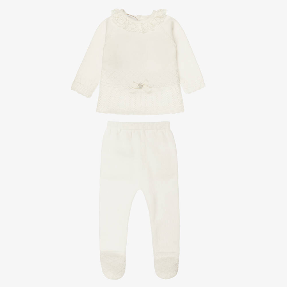 PAZ Rodríguez-Ivory Knitted Merino Wool Babysuit Set with Lace Trim | Childrensalon