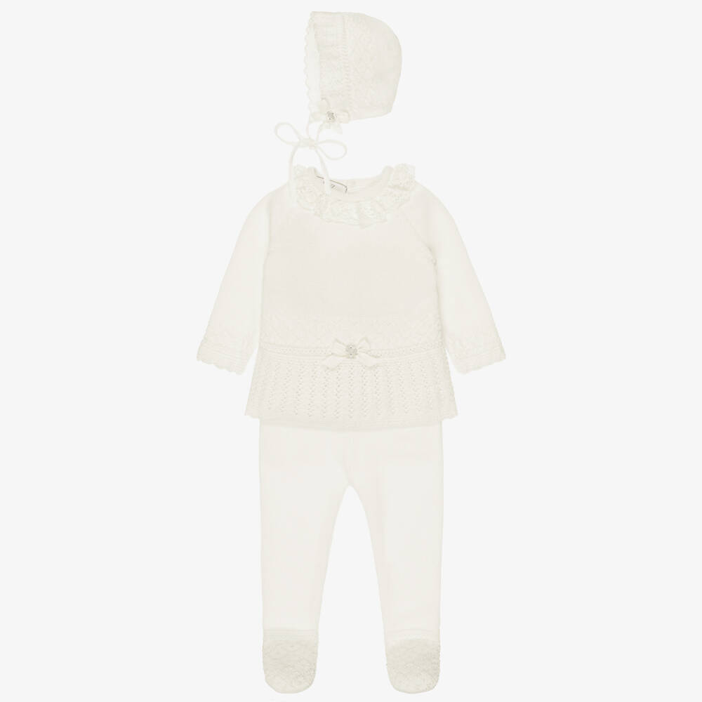 PAZ Rodríguez-Ivory Knitted Merino Wool Babysuit Set with Lace Trim | Childrensalon