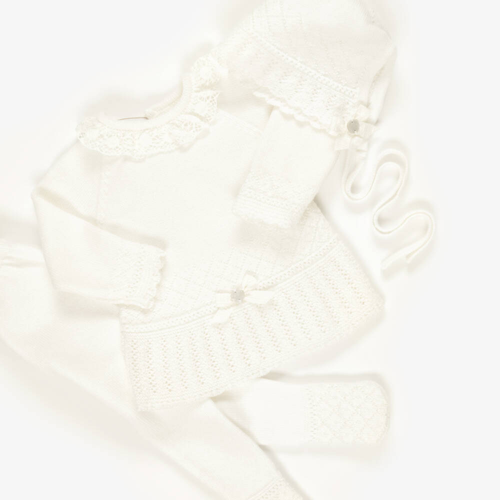 PAZ Rodríguez-Ivory Knitted Merino Wool Babysuit Set with Lace Trim | Childrensalon