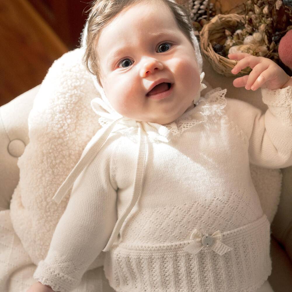 PAZ Rodríguez-Ivory Knitted Merino Wool Babysuit Set with Lace Trim | Childrensalon