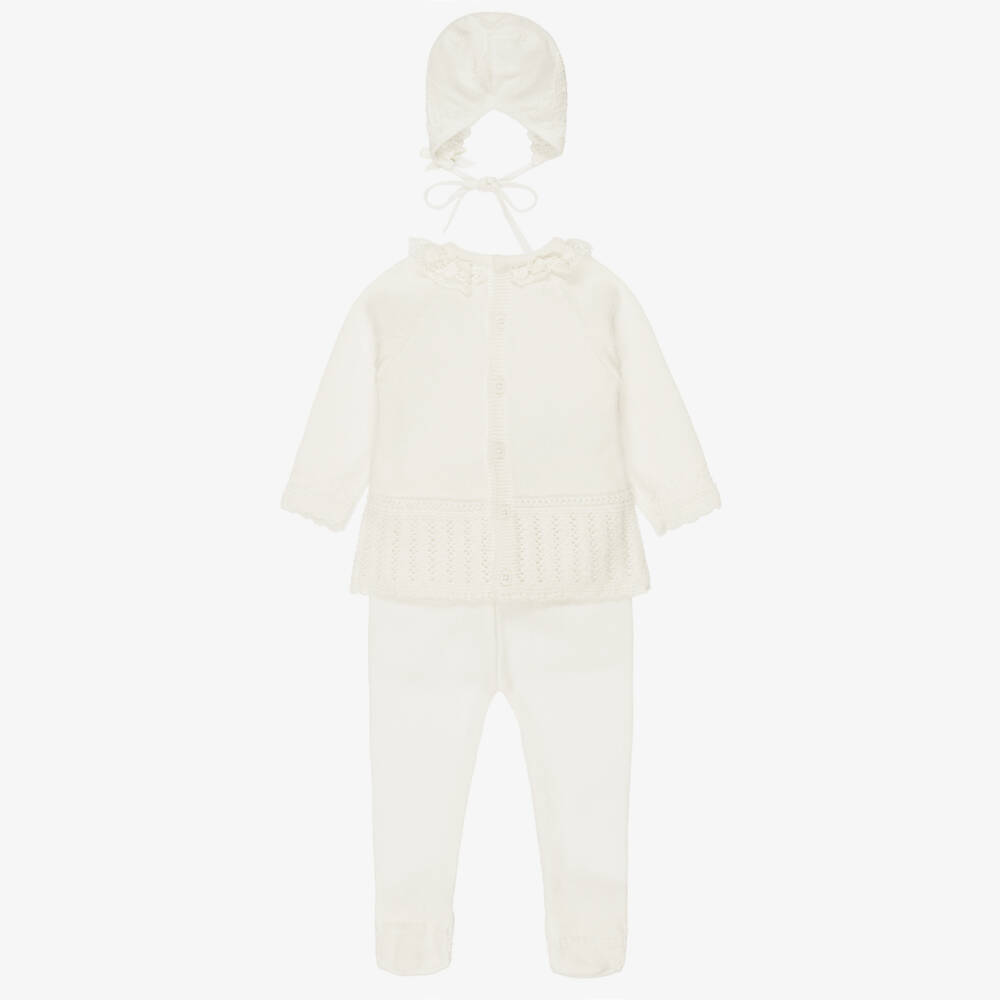 PAZ Rodríguez-Ivory Knitted Merino Wool Babysuit Set with Lace Trim | Childrensalon