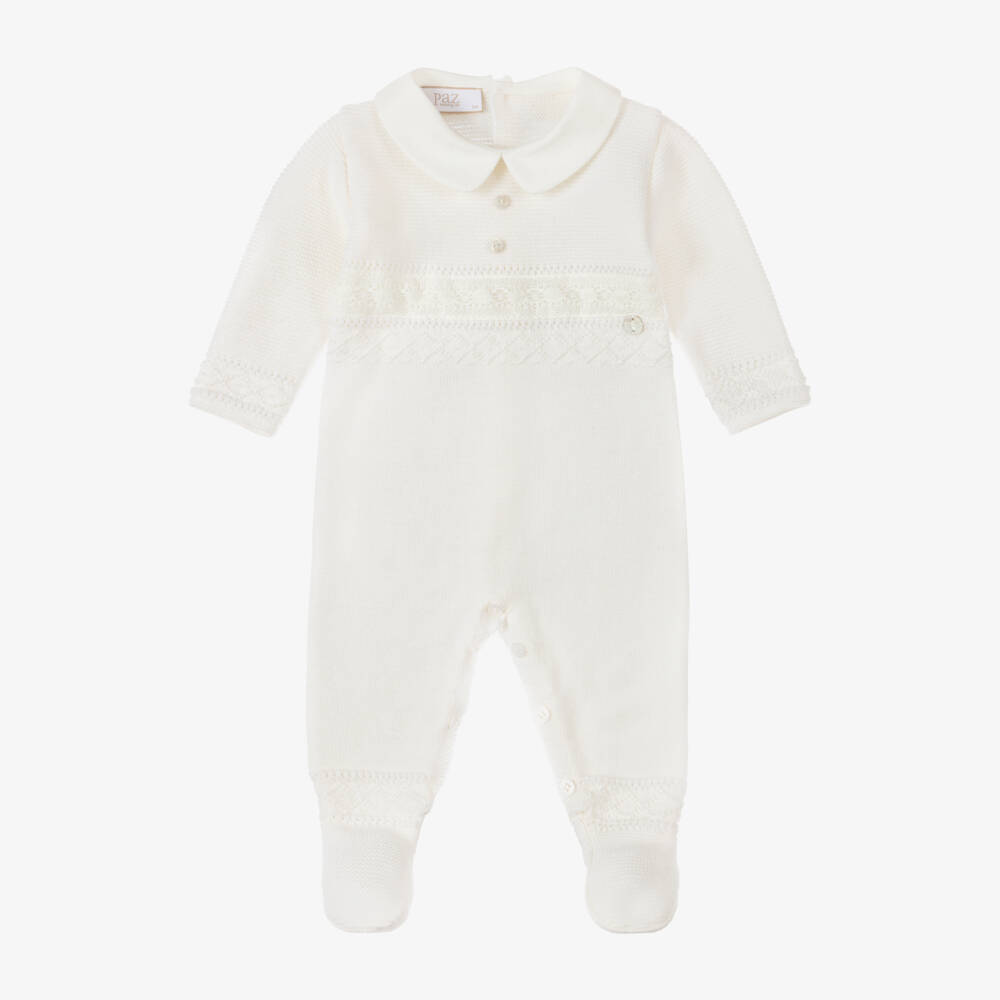 PAZ Rodríguez-Ivory Knitted Wool Babygrow with Lace Detail | Childrensalon