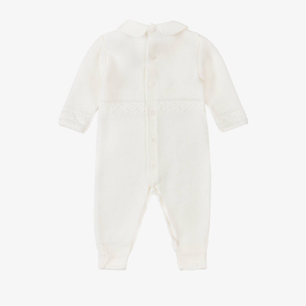 PAZ Rodríguez-Ivory Knitted Wool Babygrow with Lace Detail | Childrensalon