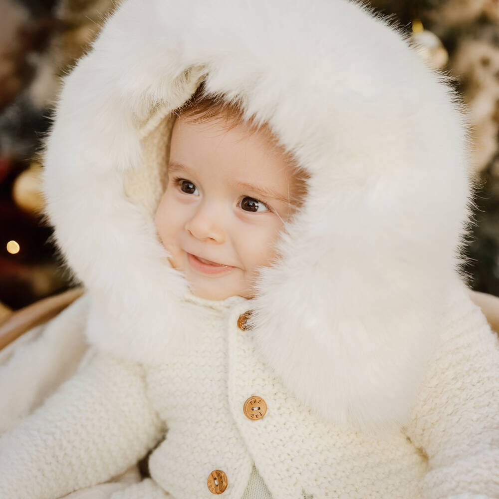 PAZ Rodríguez Ivory Knitted Wool Mix Jacket with Faux Fur Trim