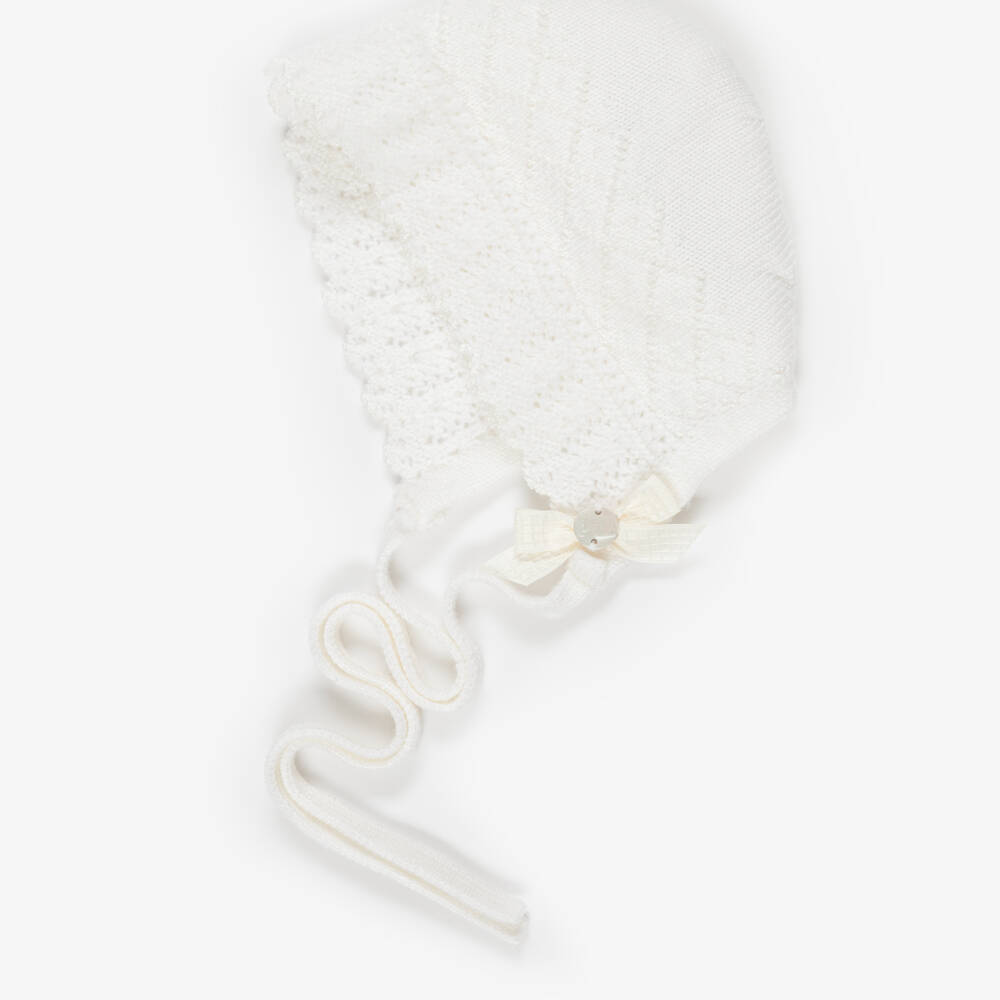 PAZ Rodríguez-Ivory Merino Wool Lacey Knit Baby Bonnet | Childrensalon