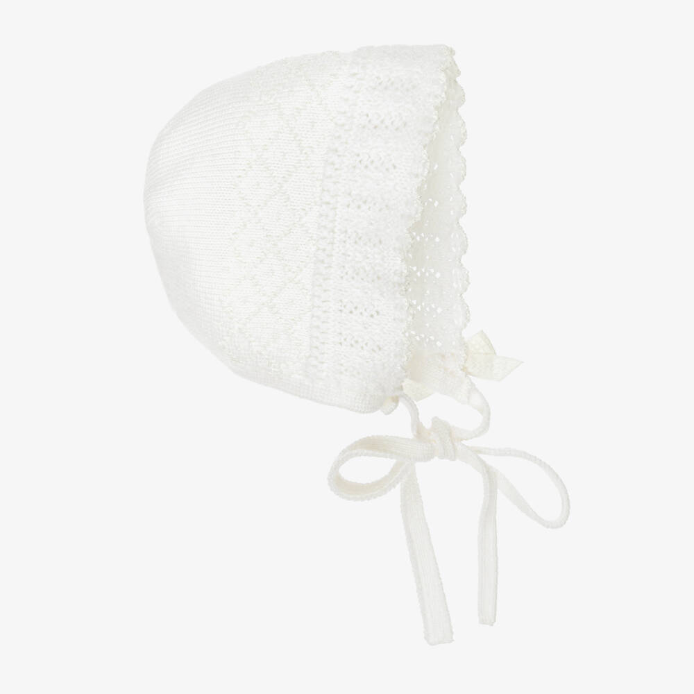 PAZ Rodríguez-Ivory Merino Wool Lacey Knit Baby Bonnet | Childrensalon