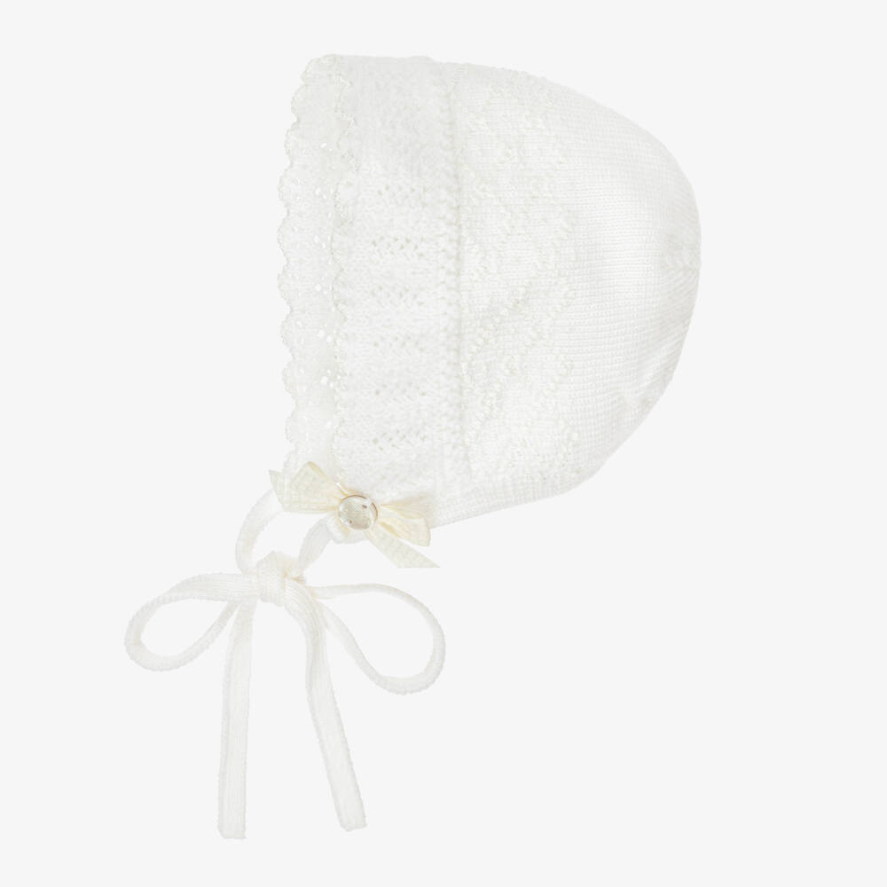 PAZ Rodríguez-Ivory Merino Wool Lacey Knit Baby Bonnet | Childrensalon