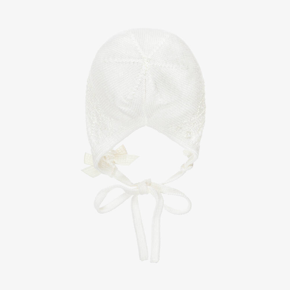 PAZ Rodríguez-Ivory Merino Wool Lacey Knit Baby Bonnet | Childrensalon