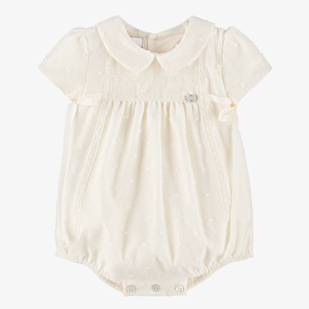 PAZ Rodríguez-Ivory Plumeti Baby Shortie with Lace Detailing | Childrensalon