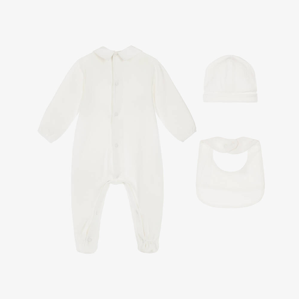 PAZ Rodríguez-Ivory Velour Babysuit Set with Hat & Bib | Childrensalon