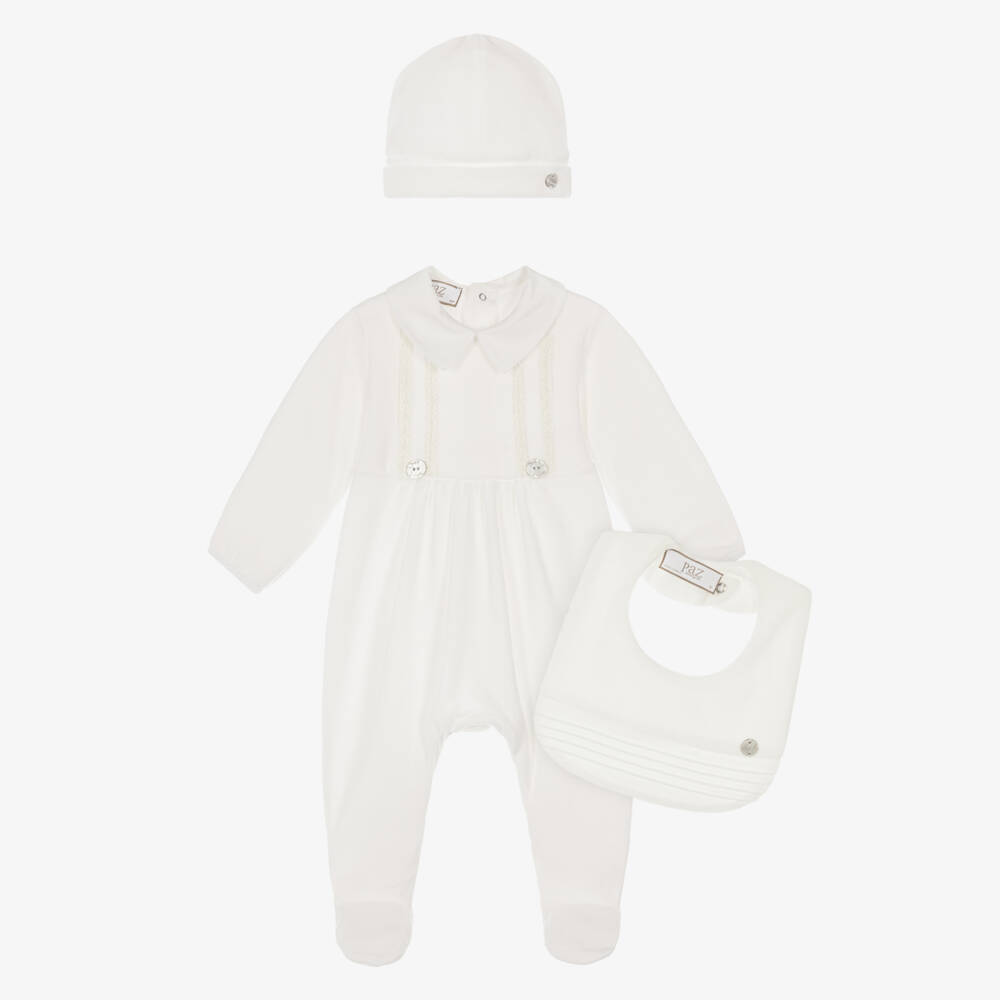 PAZ Rodríguez-Ivory Velour Babysuit Set with Hat & Bib | Childrensalon