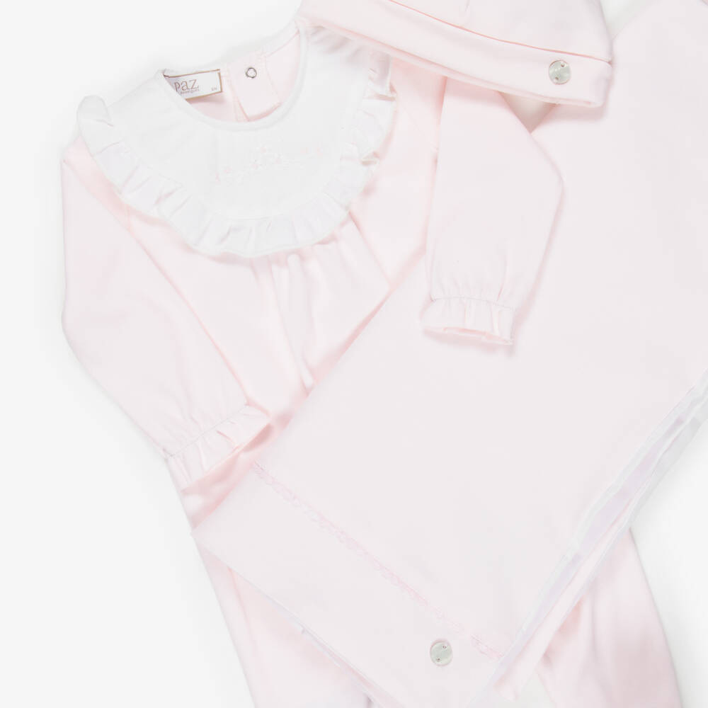 PAZ Rodríguez-Pale Pink Cotton Jersey Babygrow & Hat Set with Blanket  | Childrensalon