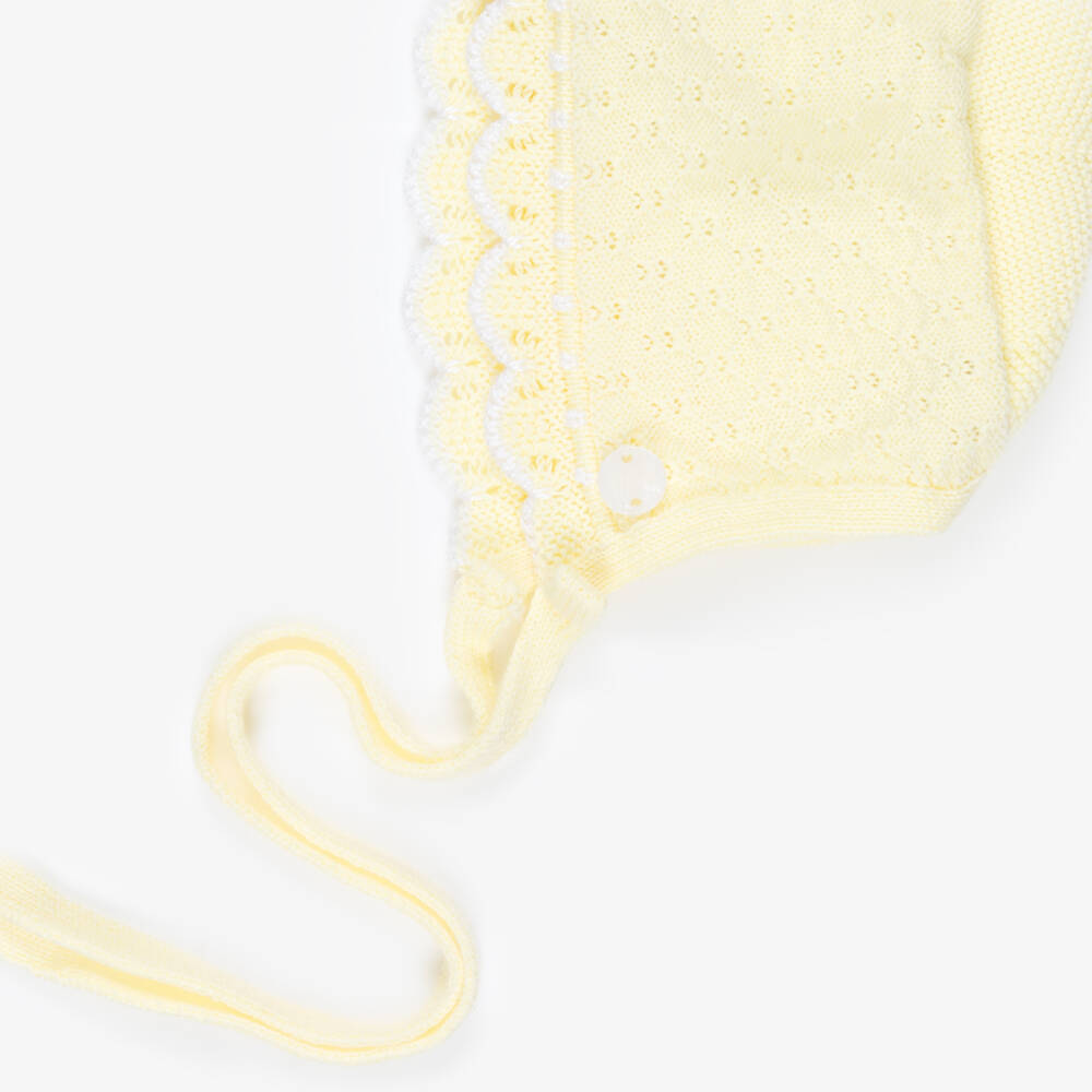 PAZ Rodríguez-Pale Yellow Patterned Knit Baby Bonnet | Childrensalon