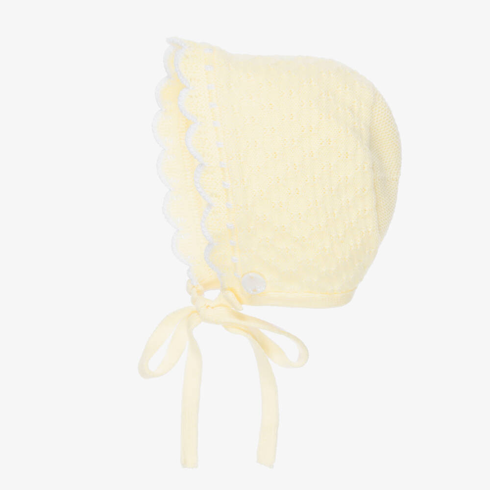 PAZ Rodríguez-Pale Yellow Patterned Knit Baby Bonnet | Childrensalon