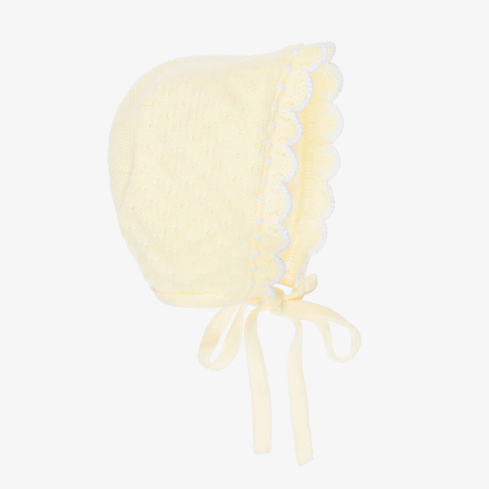 PAZ Rodríguez-Pale Yellow Patterned Knit Baby Bonnet | Childrensalon