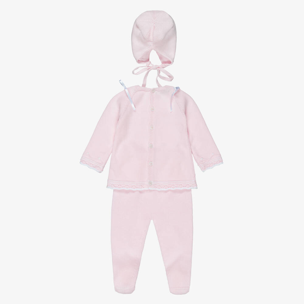 PAZ Rodríguez-Pink Knitted Cotton Babysuit & Bonnet Set | Childrensalon
