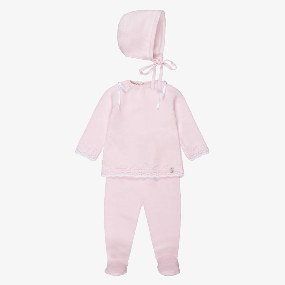 PAZ Rodríguez-Pink Knitted Cotton Babysuit & Bonnet Set | Childrensalon
