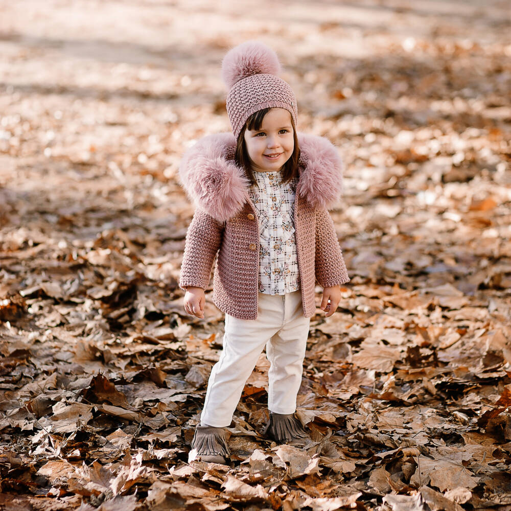 PAZ Rodríguez-Pink Knitted Jacket with Faux Fur Collar | Childrensalon