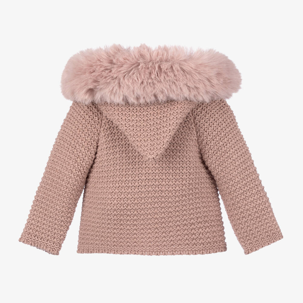 PAZ Rodríguez-Pink Knitted Jacket with Faux Fur Collar | Childrensalon
