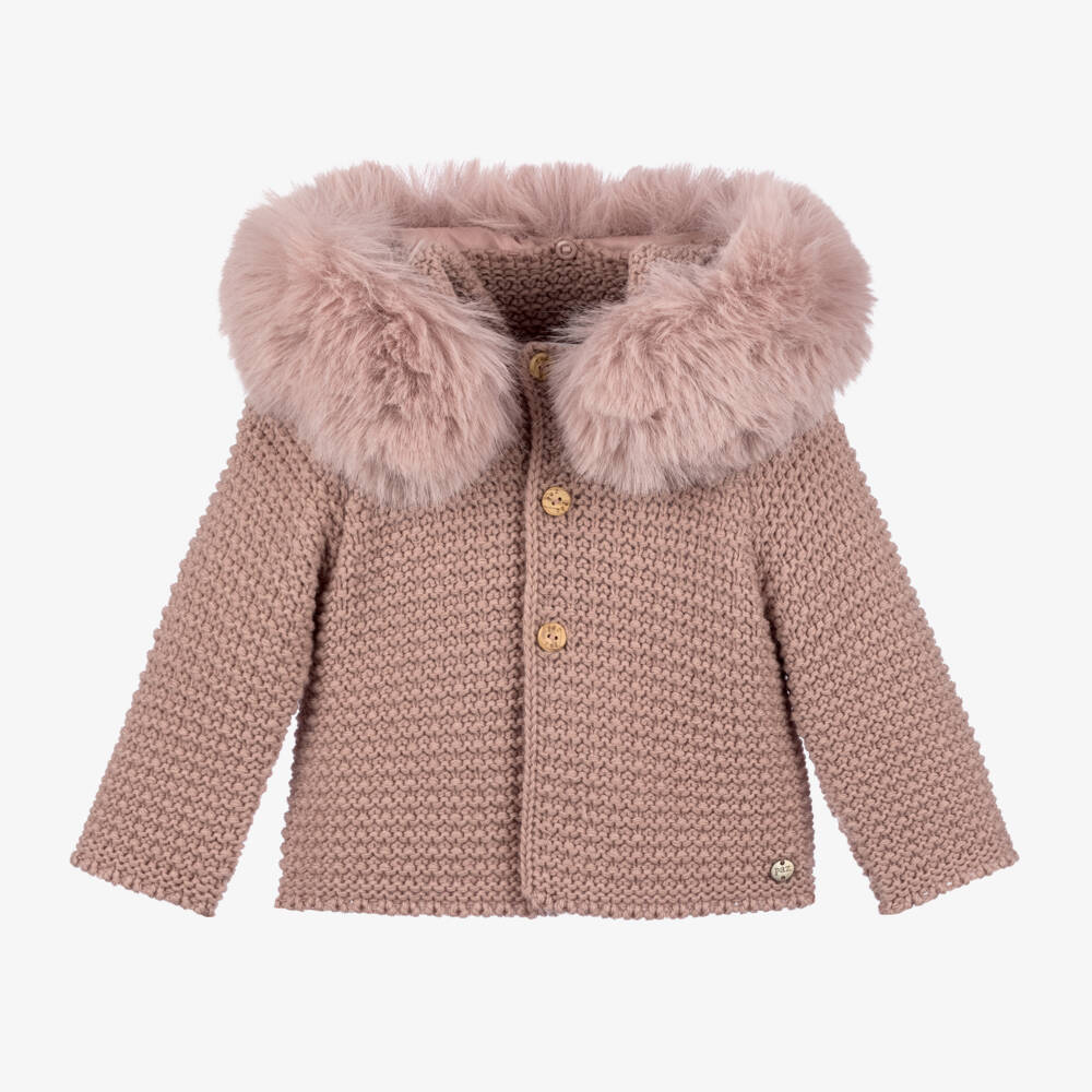 PAZ Rodríguez-Pink Knitted Jacket with Faux Fur Collar | Childrensalon