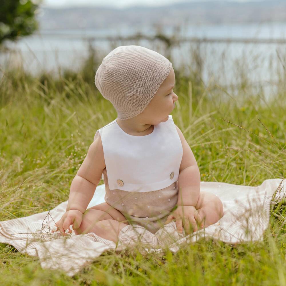 PAZ Rodríguez-White & Beige Cotton Baby Shortie | Childrensalon