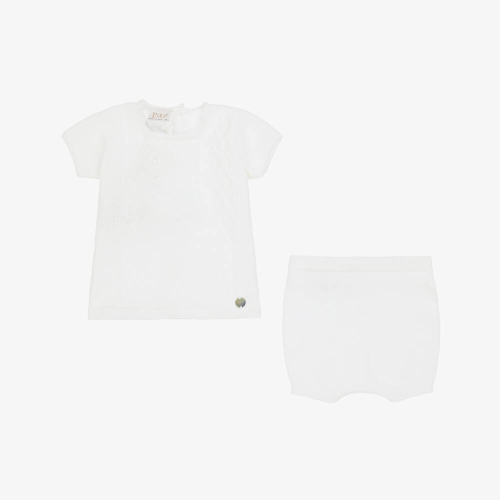 PAZ Rodríguez-White Cotton Knit Baby Shorts Set | Childrensalon
