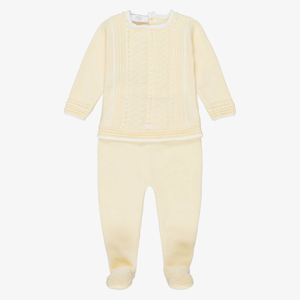 PAZ Rodríguez-Yellow Cotton Knit 2 Piece Babygrow with White Trim | Childrensalon