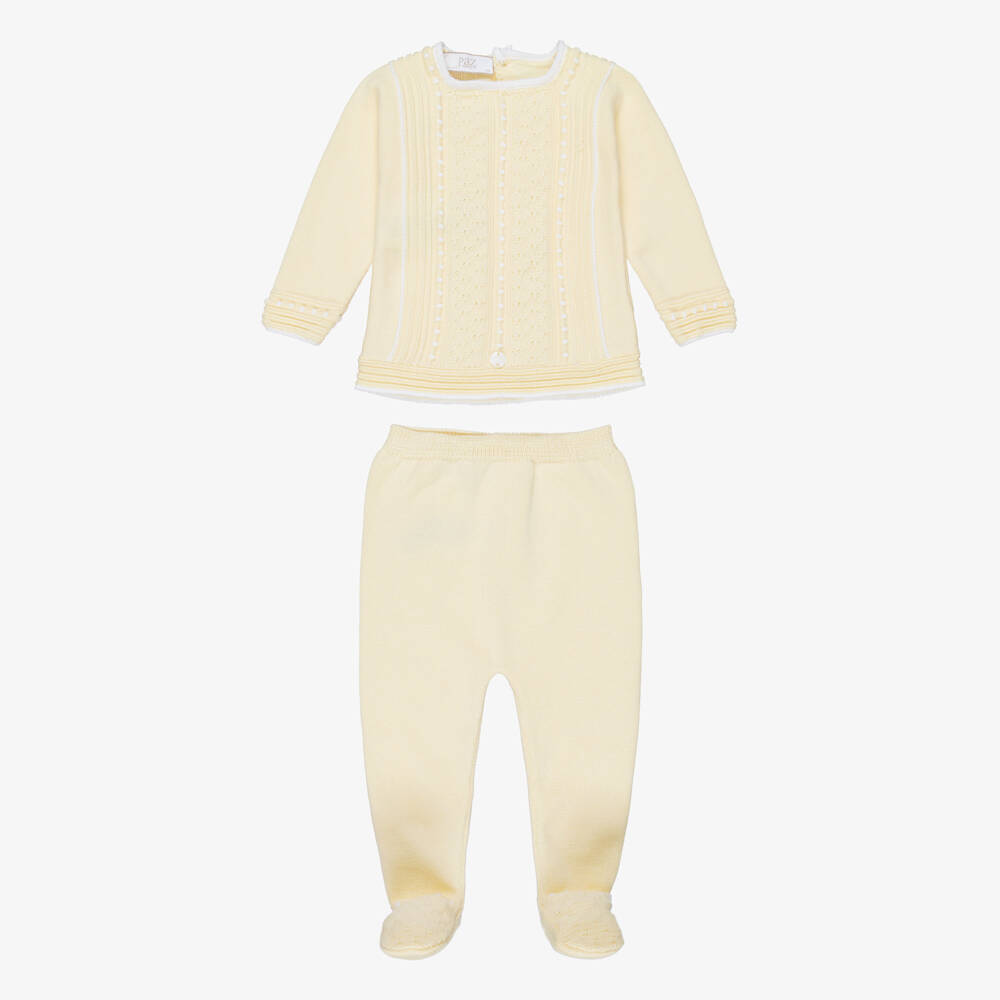 PAZ Rodríguez-Yellow Cotton Knit 2 Piece Babygrow with White Trim | Childrensalon